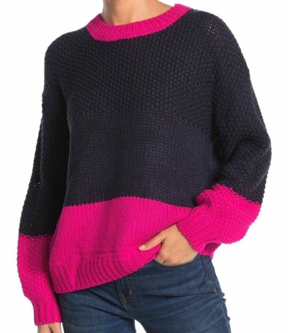 NWT Elodie Chunky Knit Colorblock Crew-Neck Pullover Sweater Blue/Pink Womens XS